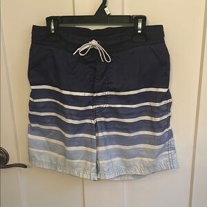 H&M Blue and White Nautical Swim Trunks with Drawstring